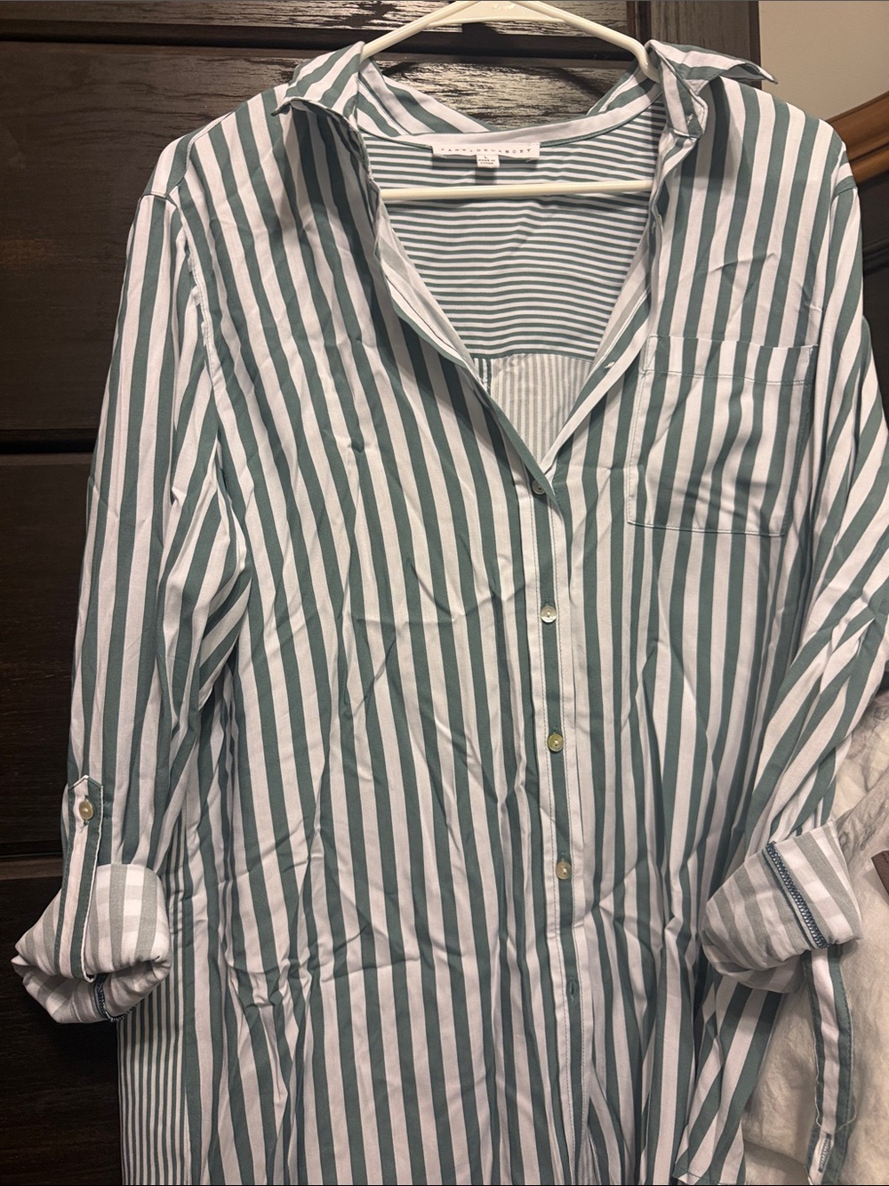 Jane and Delancey Green and White Striped Button-Down Shirt